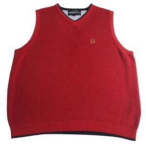 Vintage Tommy Hilfiger Sweater Vest Mens L Red Knit VNeck Lion Crest Preppy 90s